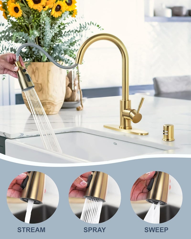 WOWOW Kitchen Faucet with Air Gap: Stainless Steel Kitchen Sink Faucet and Dishwasher Air Gap Kits for Kitchen Sink 2 or 4 Hole, Brushed Gold Kitchen Faucet Combo with Sprayer - Image 3